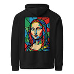 Mona Lisa hoodie Black színben, hátulnézet – kézzel nyomott üvegablak-stílusú hátnyomat