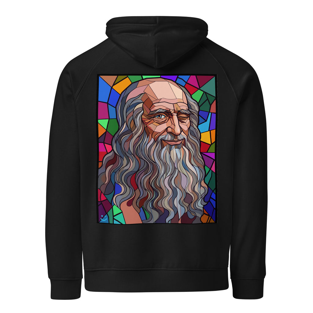 Leonardo da Vinci hoodie Black színben, hátulnézet – kézzel nyomott üvegablak-stílusú hátnyomat