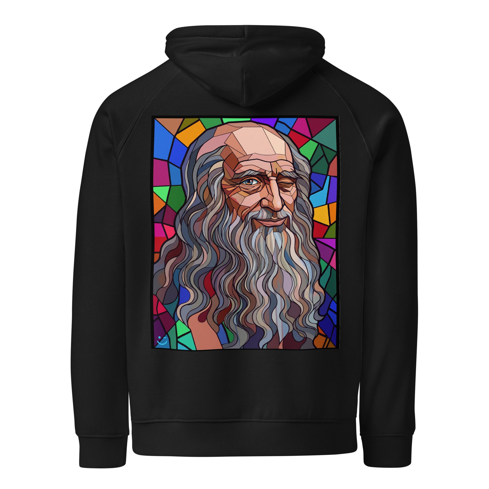Leonardo da Vinci hoodie Black színben, hátulnézet – kézzel nyomott üvegablak-stílusú hátnyomat