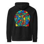 Vitruvius hoodie Black színben, hátulnézet – kézzel nyomott üvegablak-nyomat a háton
