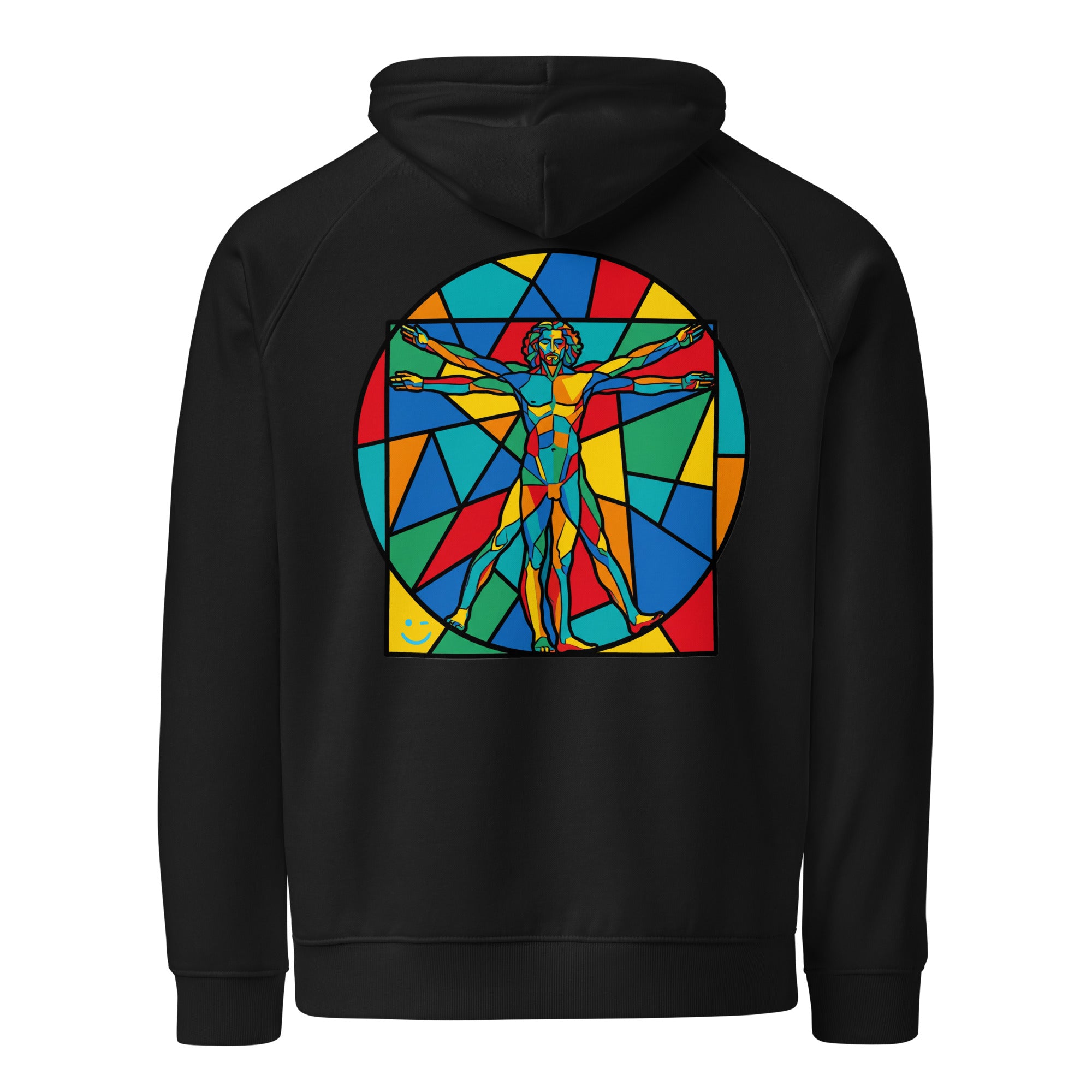 Vitruvius hoodie Black színben, hátulnézet – kézzel nyomott üvegablak-nyomat a háton