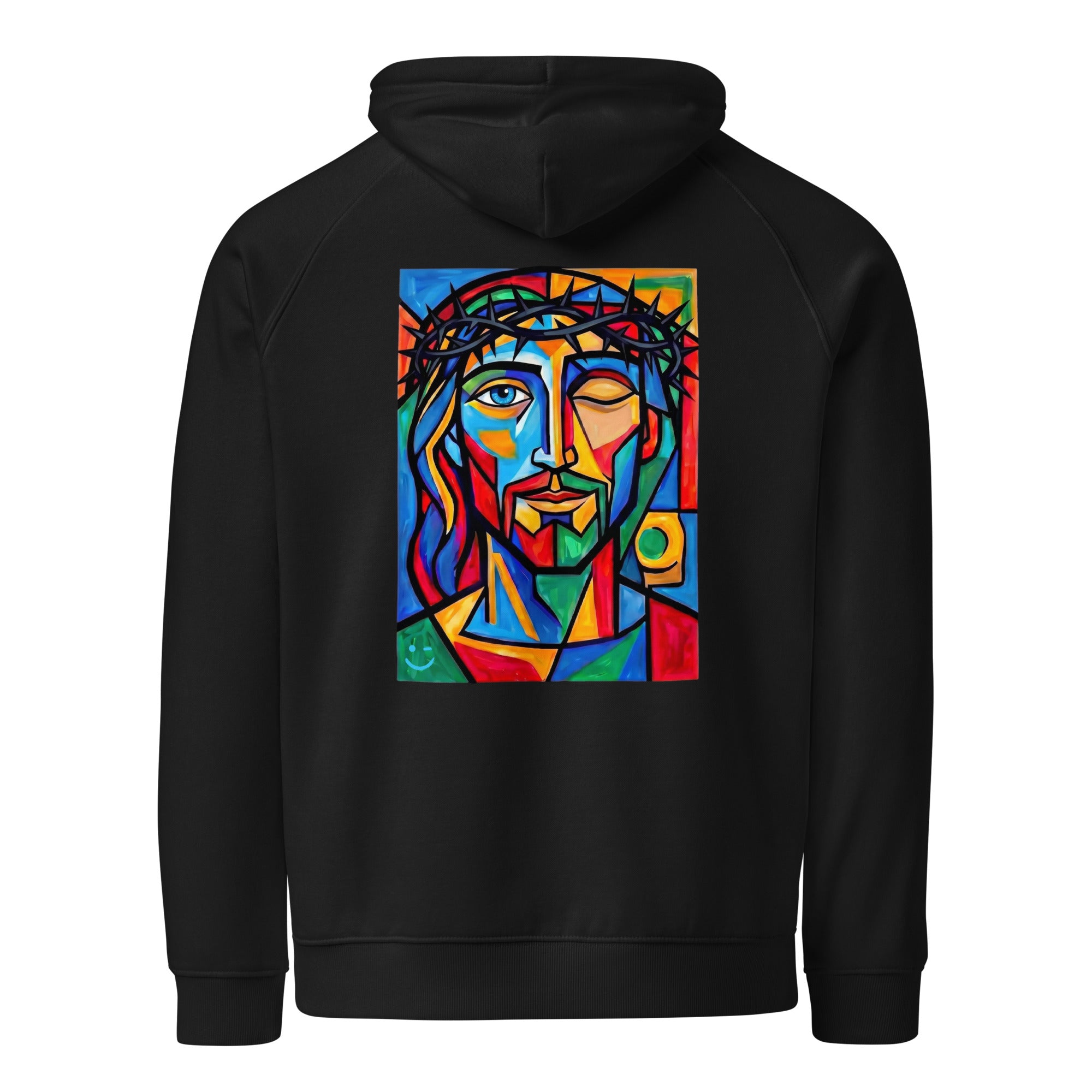 Jézus hoodie Black színben, hátulnézet – kézzel nyomott üvegablak-stílusú hátnyomat