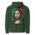 Mona Lisa hoodie Bottle Green színben, hátulnézet – kézzel nyomott üvegablak-stílusú hátnyomat