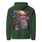 Leonardo da Vinci hoodie Bottle Green színben, hátulnézet – kézzel nyomott üvegablak-stílusú hátnyomat