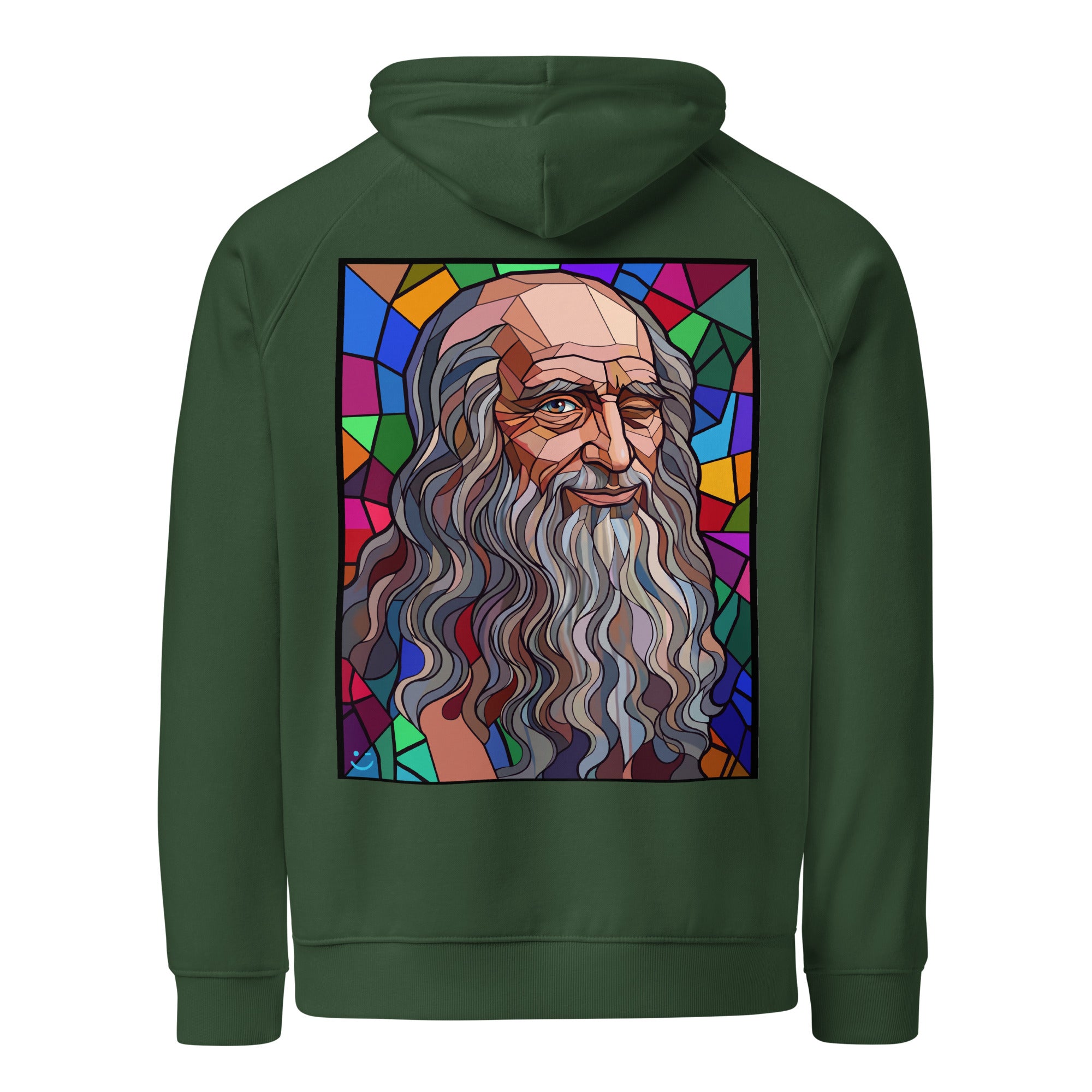 Leonardo da Vinci hoodie Bottle Green színben, hátulnézet – kézzel nyomott üvegablak-stílusú hátnyomat