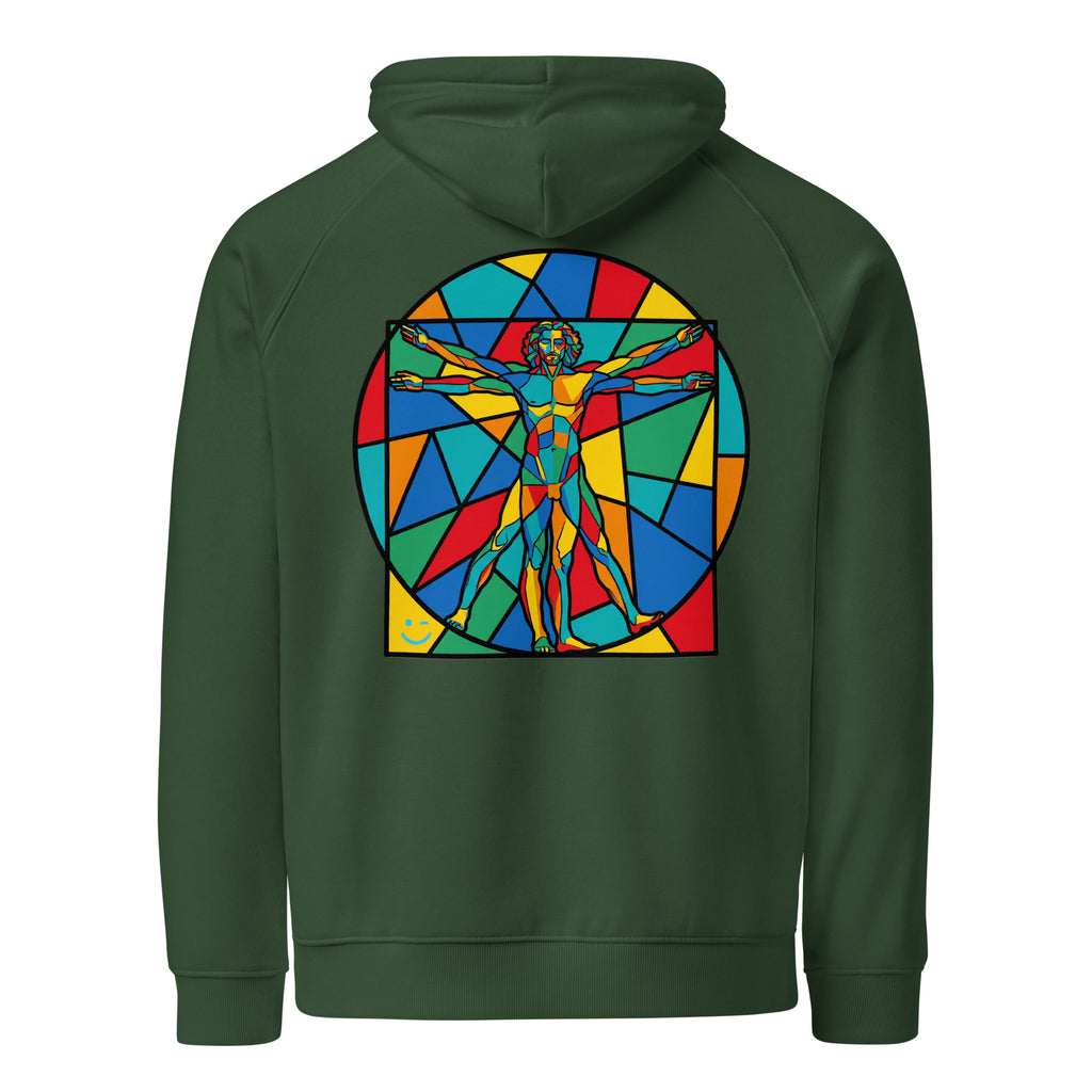 Vitruvius hoodie Bottle Green színben, hátulnézet – kézzel nyomott üvegablak-nyomat a háton