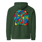 Vitruvius hoodie Bottle Green színben, hátulnézet – kézzel nyomott üvegablak-nyomat a háton