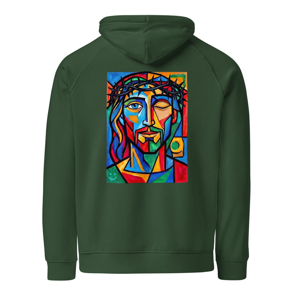 Jézus hoodie Bottle Green színben, hátulnézet – kézzel nyomott üvegablak-stílusú hátnyomat