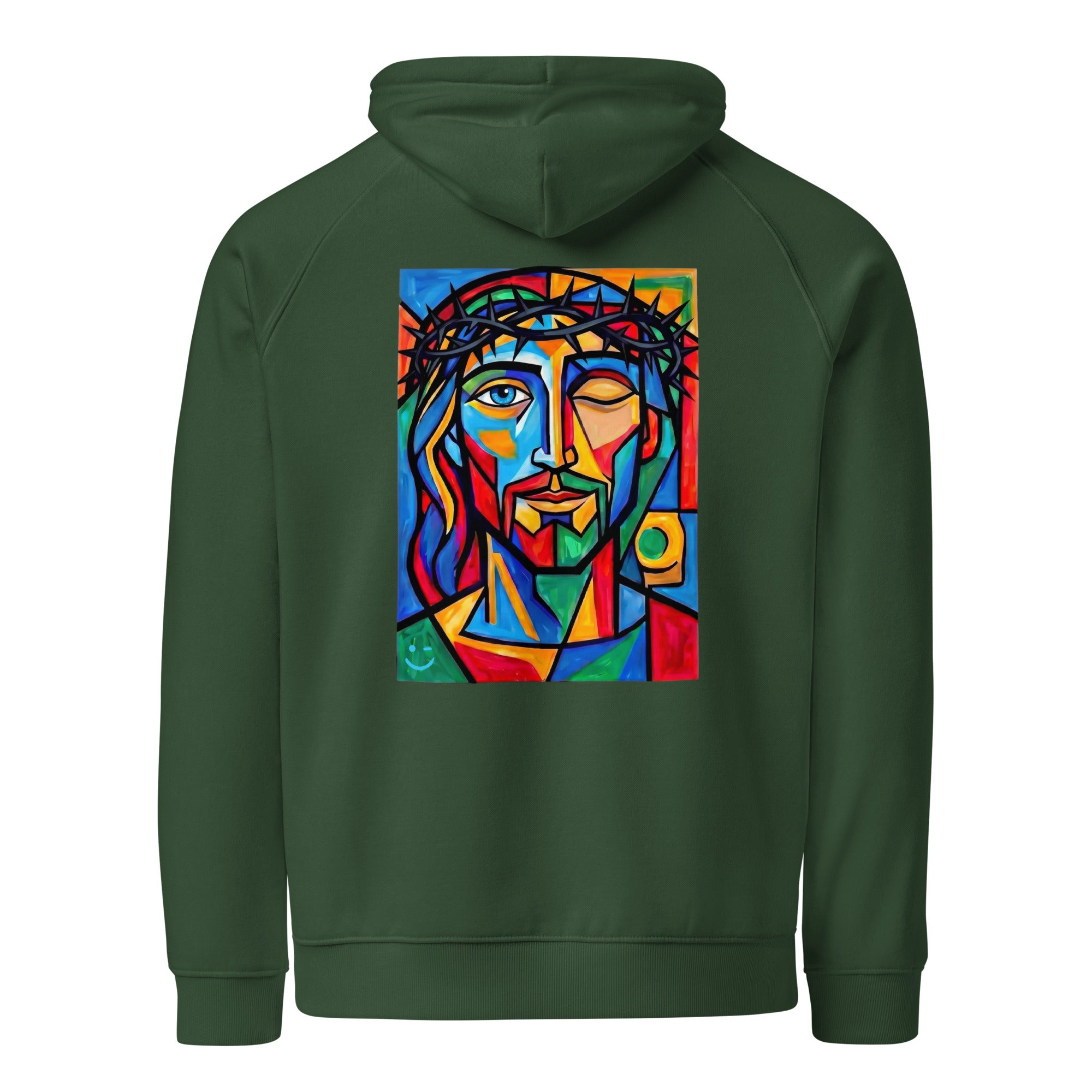 Jézus hoodie Bottle Green színben, hátulnézet – kézzel nyomott üvegablak-stílusú hátnyomat