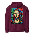 Mona Lisa hoodie Burgundy színben, hátulnézet – kézzel nyomott üvegablak-stílusú hátnyomat