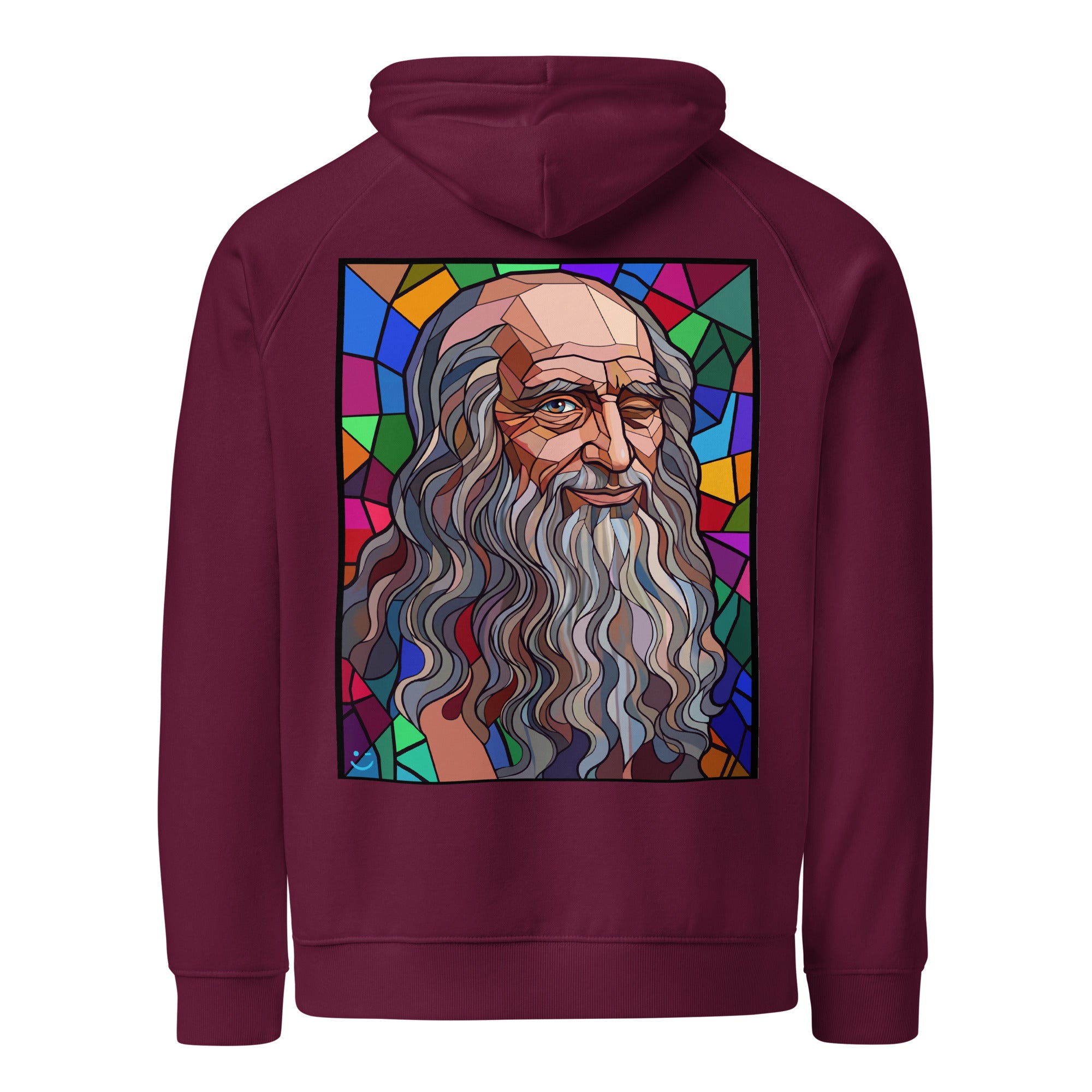 Leonardo da Vinci hoodie Burgundy színben, hátulnézet – kézzel nyomott üvegablak-stílusú hátnyomat