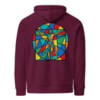 Vitruvius hoodie Burgundy színben, hátulnézet – kézzel nyomott üvegablak-nyomat a háton