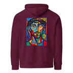 Jézus hoodie Burgundy színben, hátulnézet – kézzel nyomott üvegablak-stílusú hátnyomat