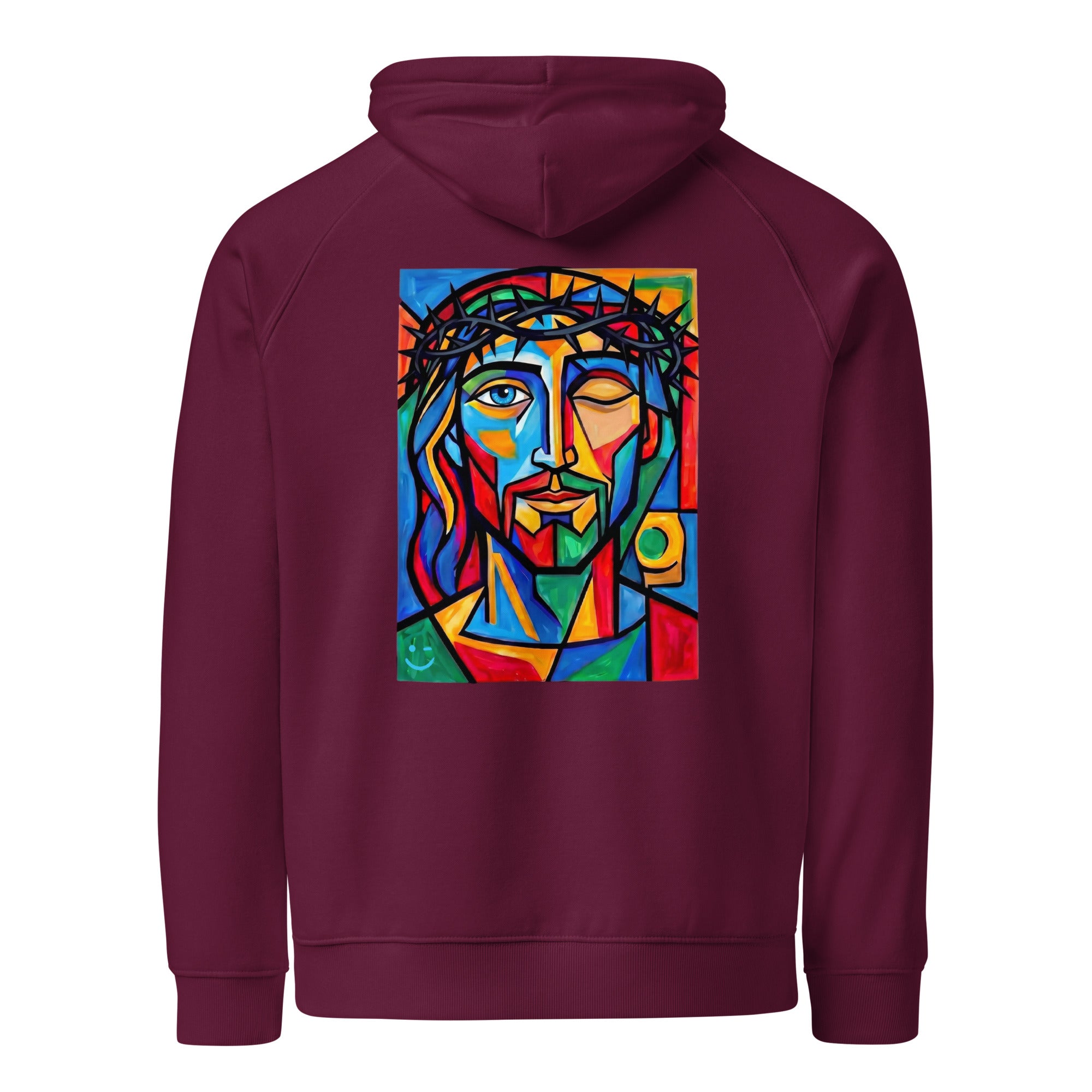 Jézus hoodie Burgundy színben, hátulnézet – kézzel nyomott üvegablak-stílusú hátnyomat