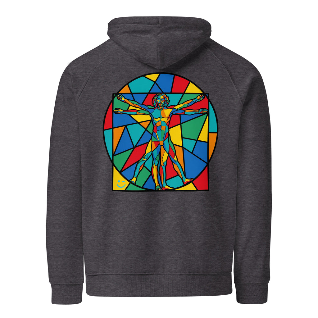Vitruvius hoodie Charcoal Melange színben, hátulnézet – kézzel nyomott üvegablak-nyomat a háton