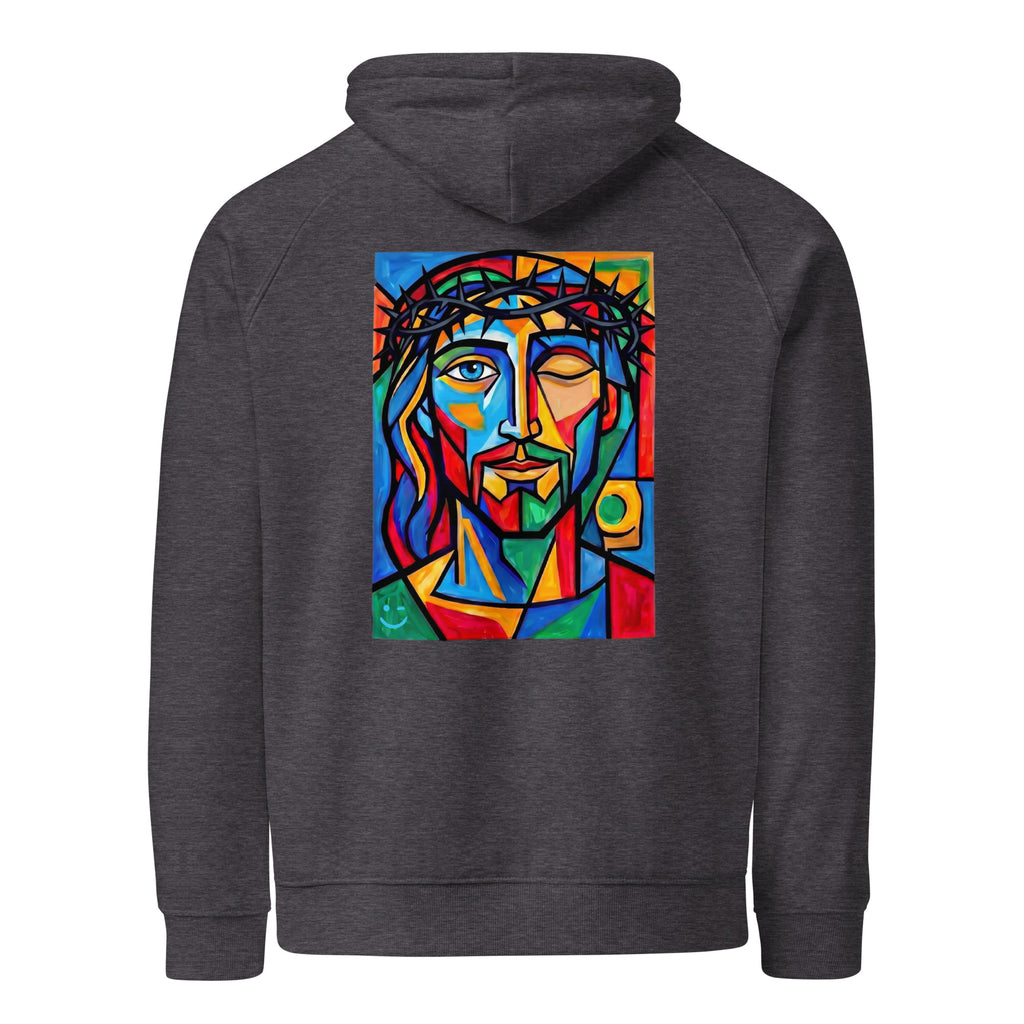 Jézus hoodie Charcoal Melange színben, hátulnézet – kézzel nyomott üvegablak-stílusú hátnyomat