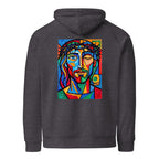 Jézus hoodie Charcoal Melange színben, hátulnézet – kézzel nyomott üvegablak-stílusú hátnyomat