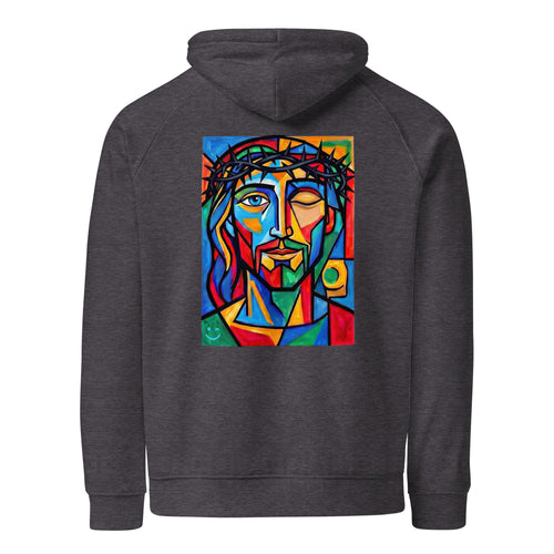 Jézus hoodie Charcoal Melange színben, hátulnézet – kézzel nyomott üvegablak-stílusú hátnyomat