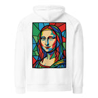 Mona Lisa hoodie White színben, hátulnézet – kézzel nyomott üvegablak-stílusú hátnyomat