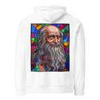 Leonardo da Vinci hoodie White színben, hátulnézet – kézzel nyomott üvegablak-stílusú hátnyomat