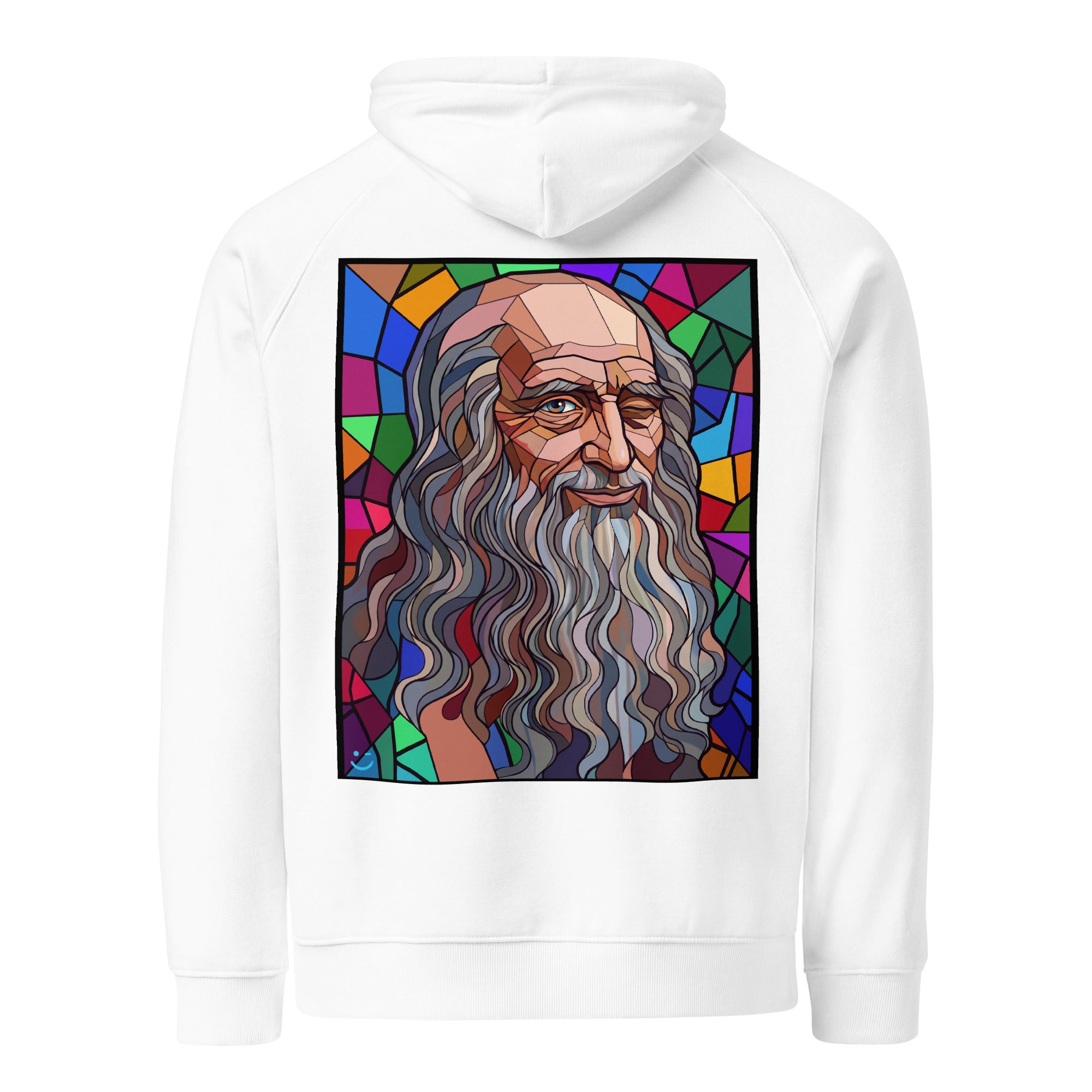 Leonardo da Vinci hoodie White színben, hátulnézet – kézzel nyomott üvegablak-stílusú hátnyomat