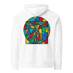 Vitruvius hoodie White színben, hátulnézet – kézzel nyomott üvegablak-nyomat a háton
