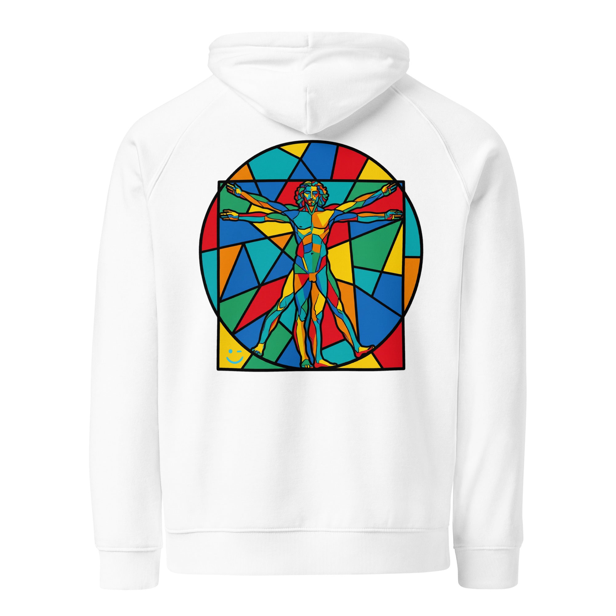 Vitruvius hoodie White színben, hátulnézet – kézzel nyomott üvegablak-nyomat a háton