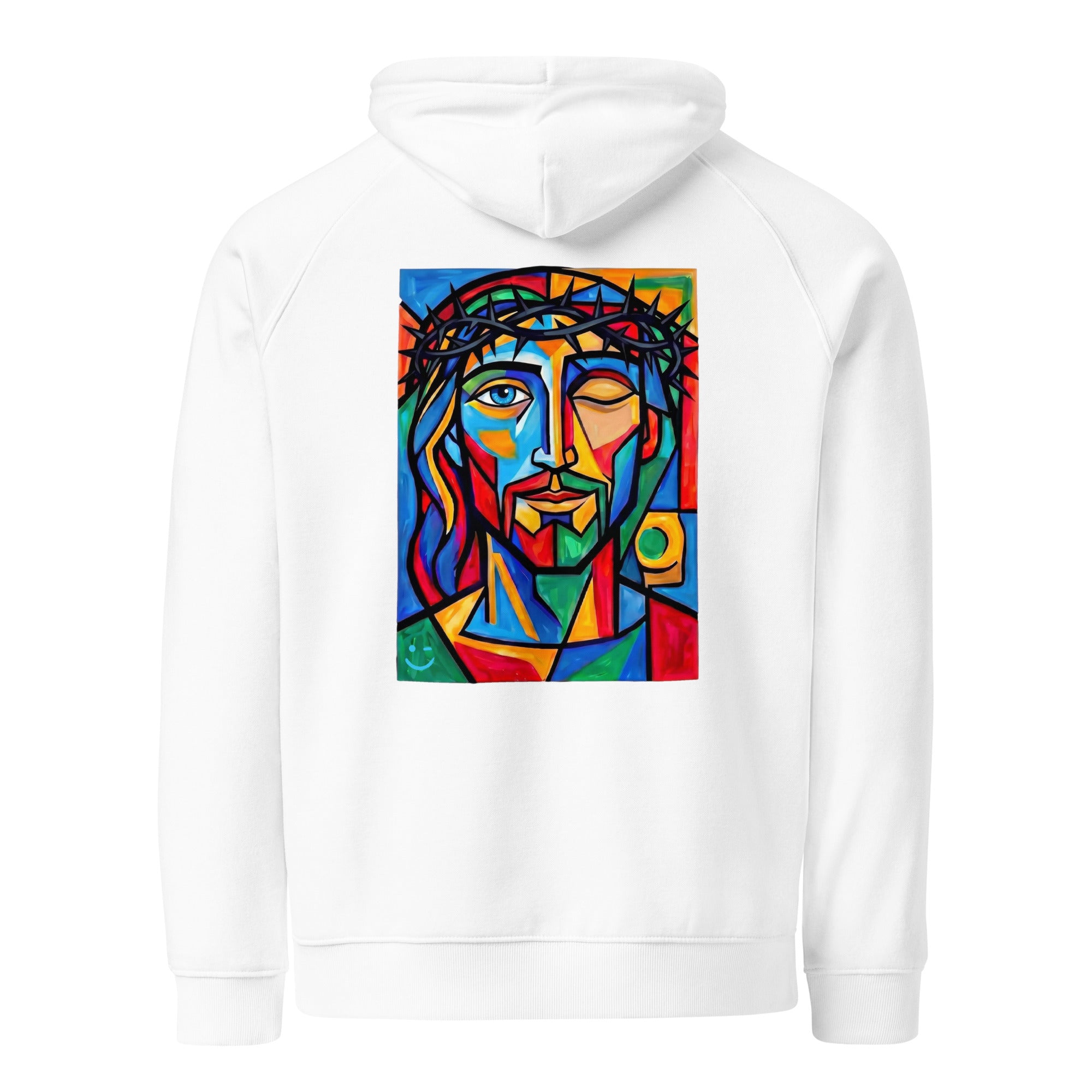 Jézus hoodie White színben, hátulnézet – kézzel nyomott üvegablak-stílusú hátnyomat