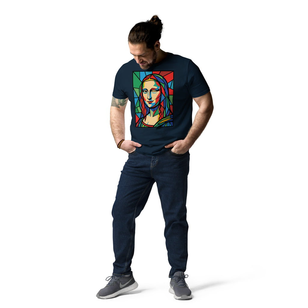 Mona Lisa unisex póló French Navy színben, elölnézet – kézzel nyomott üvegablak-stílusú portré