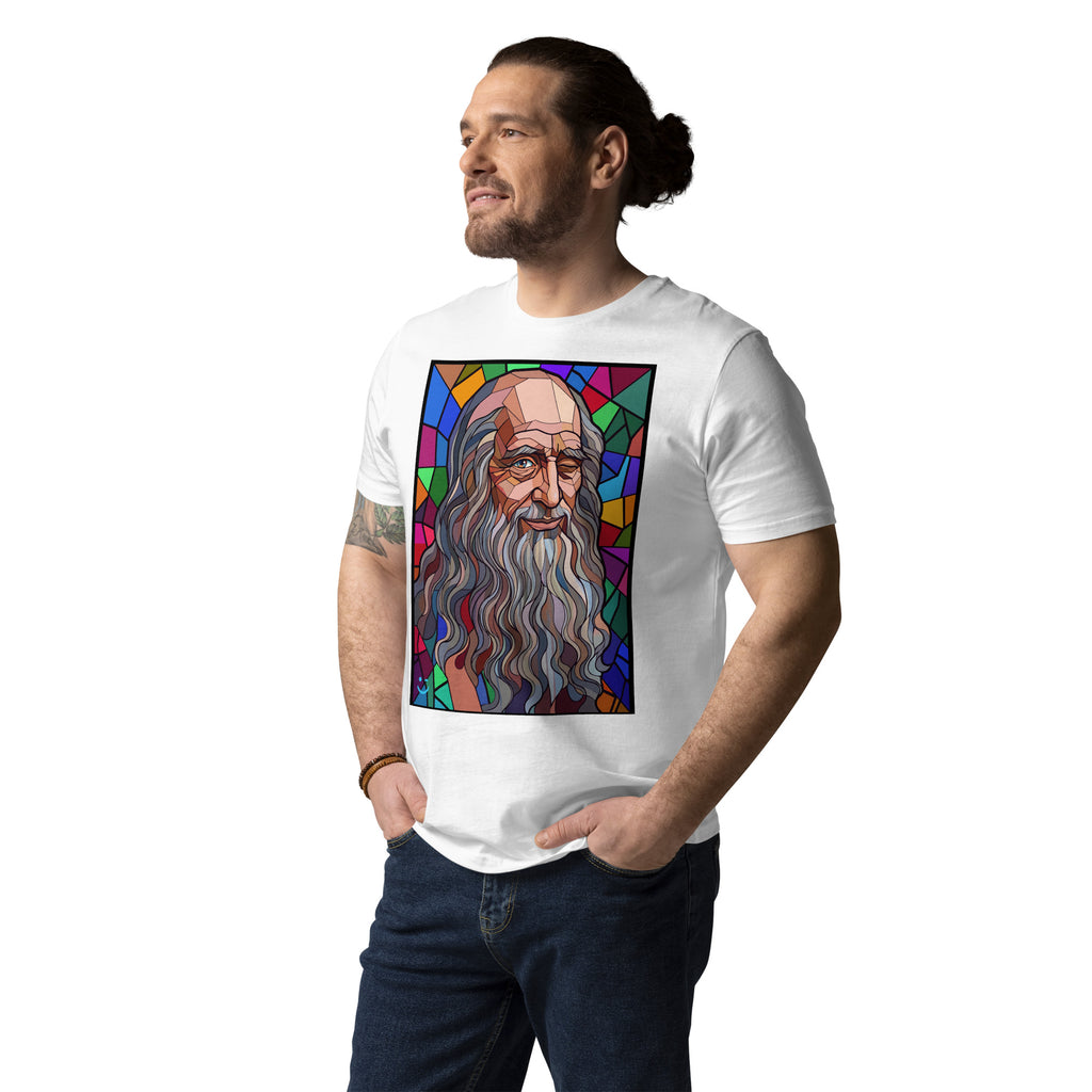 Leonardo da Vinci póló White színben, közeli elölnézet – üvegablak-stílusú mellnyomat
