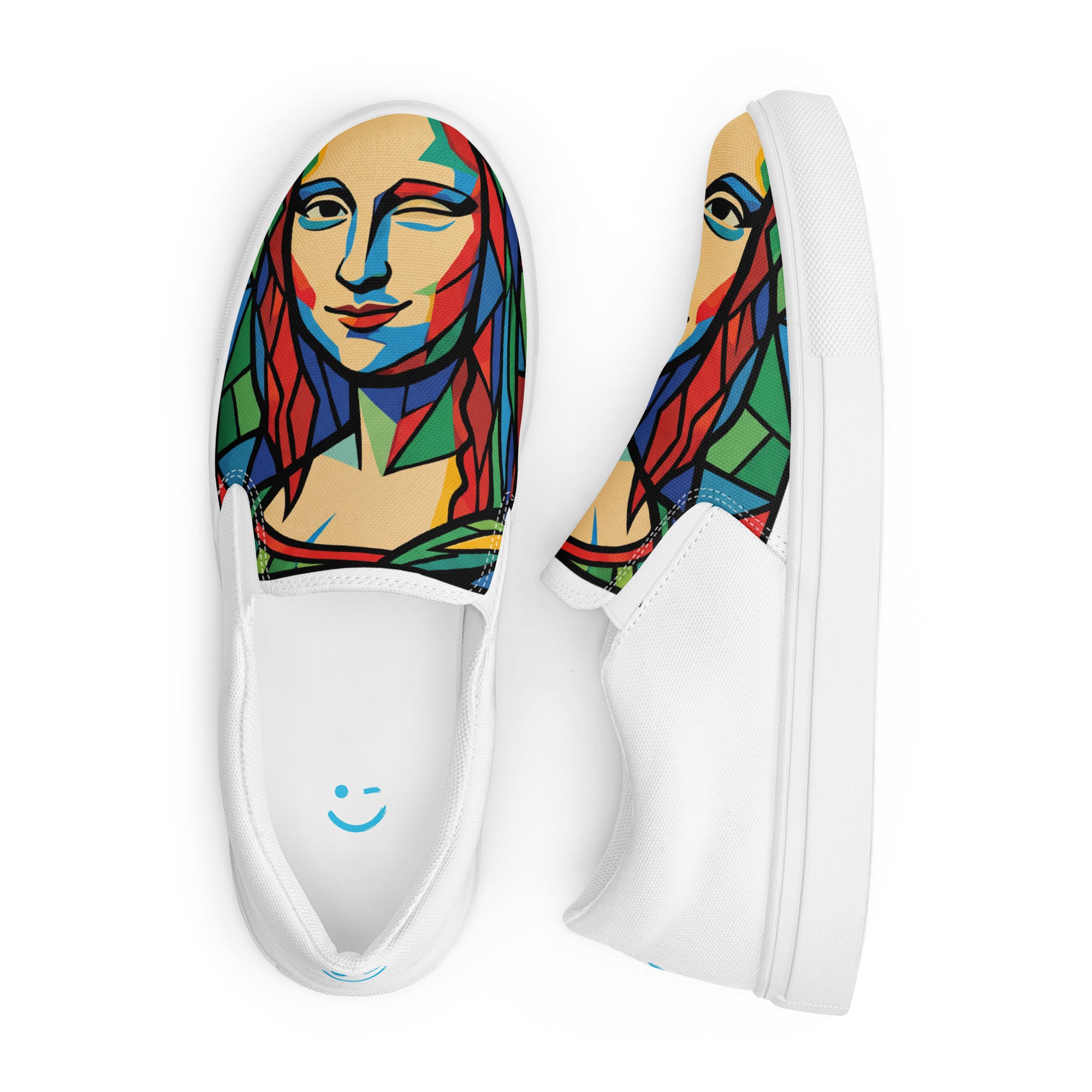 Mona Lisa vászoncipő White színben, közeli elölnézet – üvegablak-stílusú nyomat